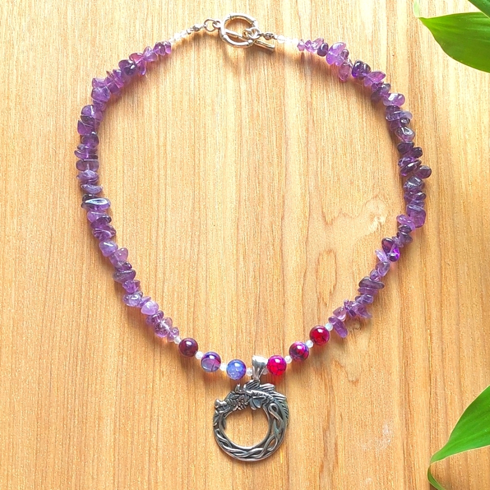 Amethyst Dragon Vein Agate Beaded Dragon Pendant 16" Necklace